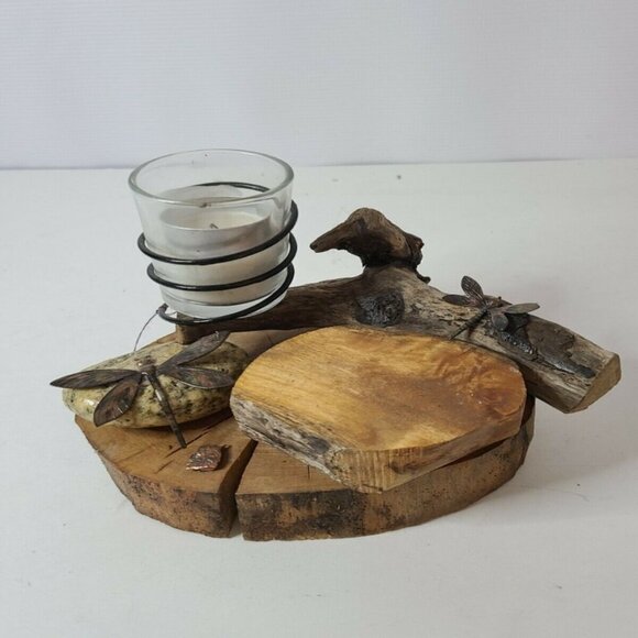 Hand Made Wood Slice Metal and Stone Candle Holder - Picture 10 of 11